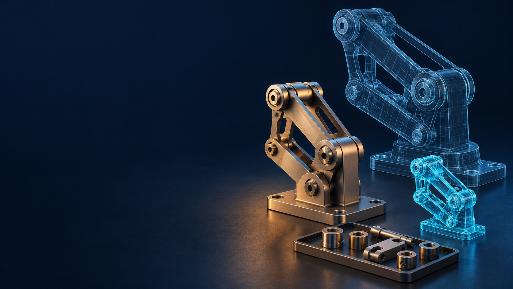 Three differently sized hinged mechanisms on a dark bench: a solid brass-colored model, a large blue wireframe and a small translucent cyan model beside a tray of parts.