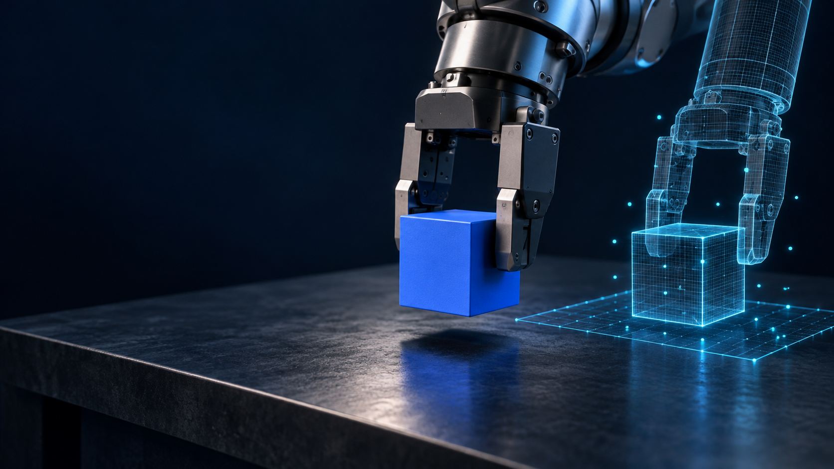 A robotic gripper holds a blue cube above a dark test surface beside a cyan wireframe simulation of the gripper and cube.