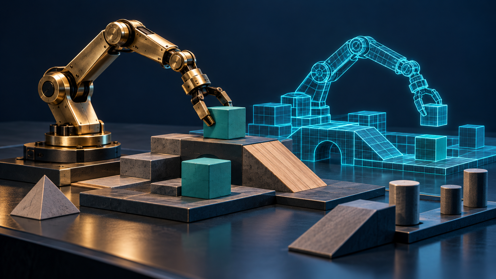 A brass robotic arm and a cyan wireframe counterpart beside cubes, ramps and modular blocks on a dark tabletop.