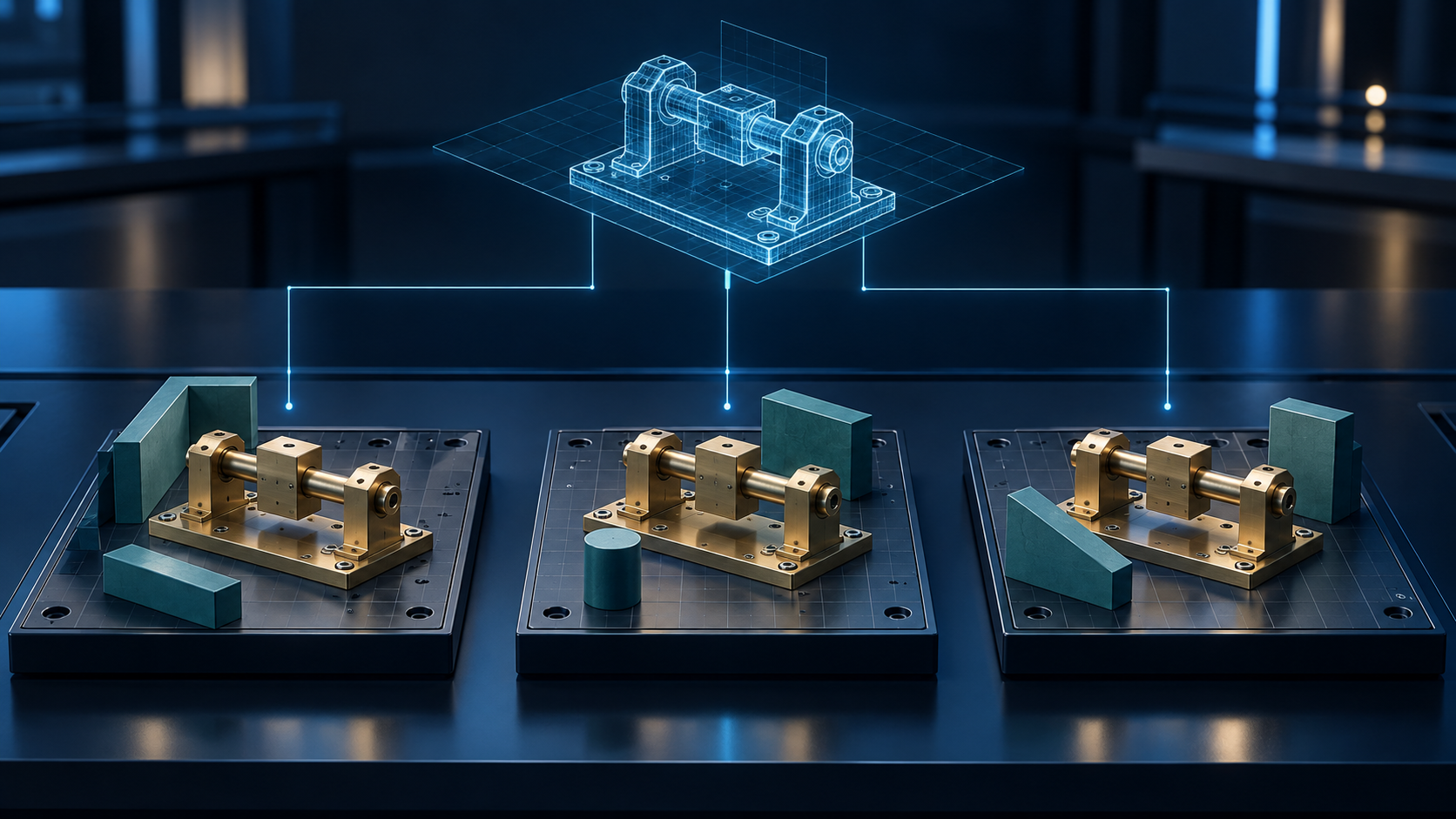 Three trays hold similar brass mechanical fixtures with differently placed teal obstacles, linked to a cyan wireframe model above.