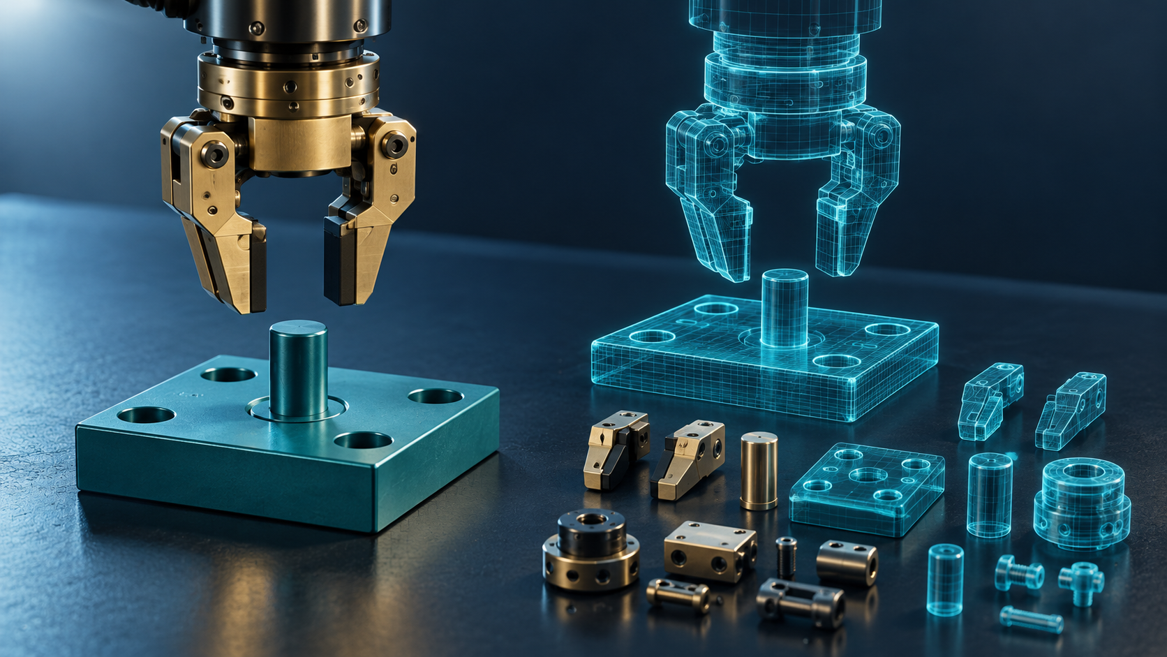 A brass gripper hovers above a teal fixture with a standing peg, alongside cyan wireframe versions and small mechanical parts.
