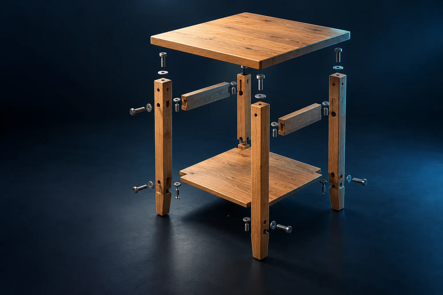 AI-generated illustration of an exploded wooden side table, lower shelf, bolts and washers.