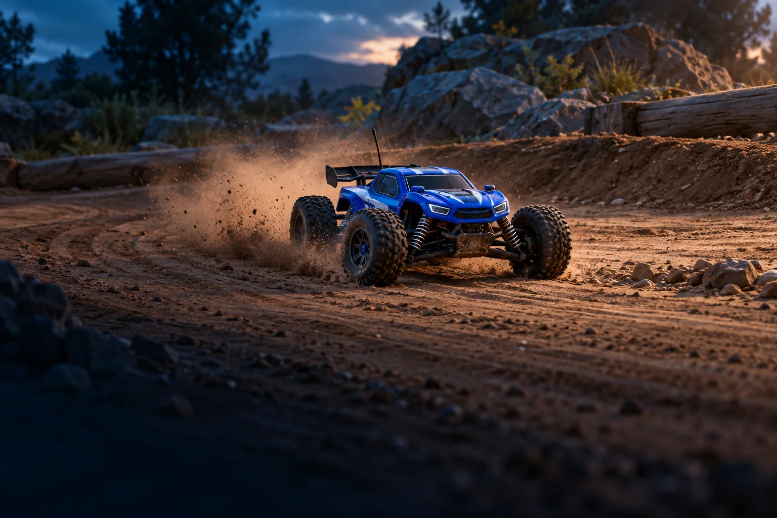 AI-generated illustration of an unbranded blue RC vehicle on a dirt practice track.