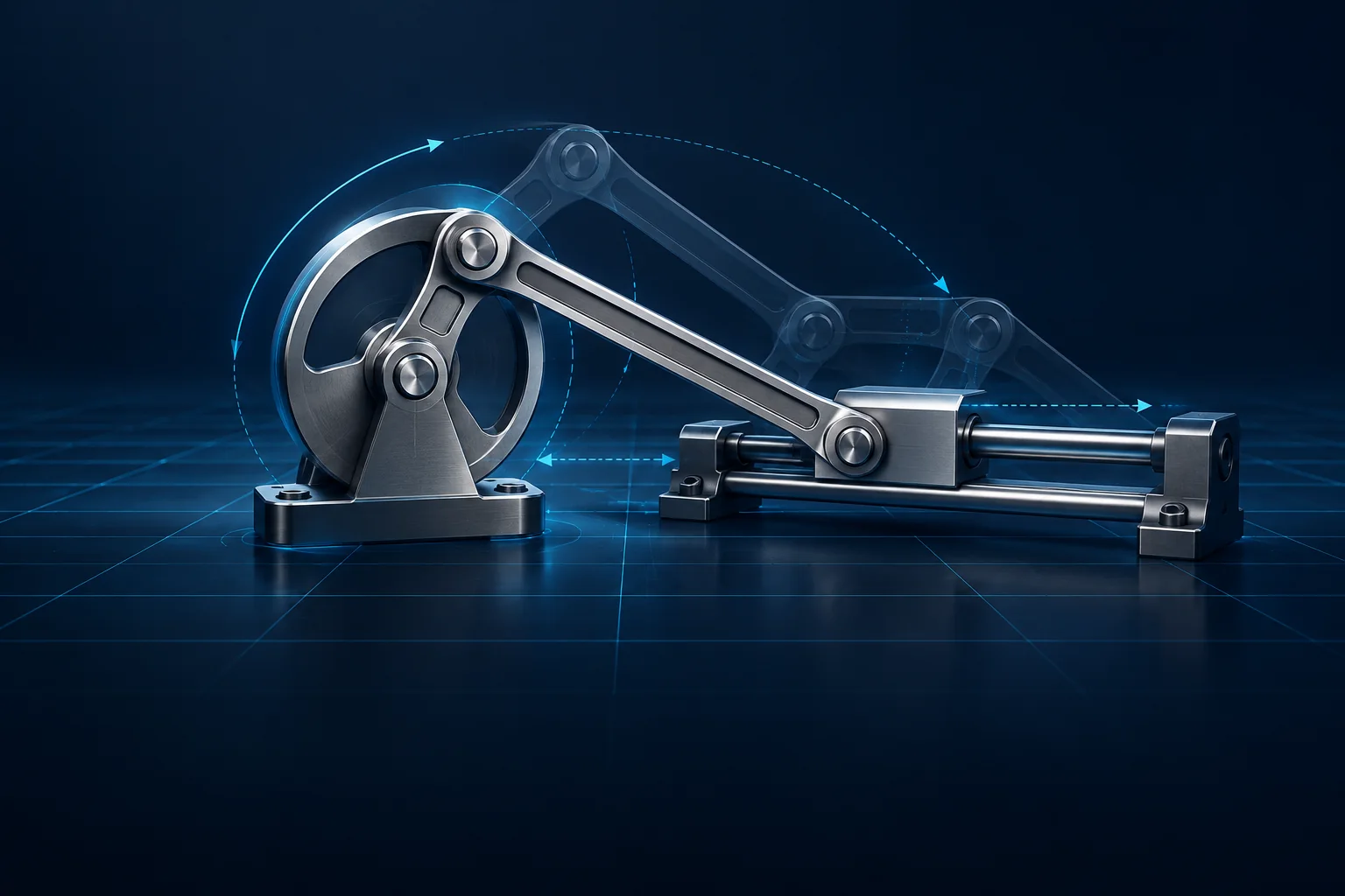 AI-generated virtual crank-slider mechanism with illustrative motion poses and trajectories on a digital grid.