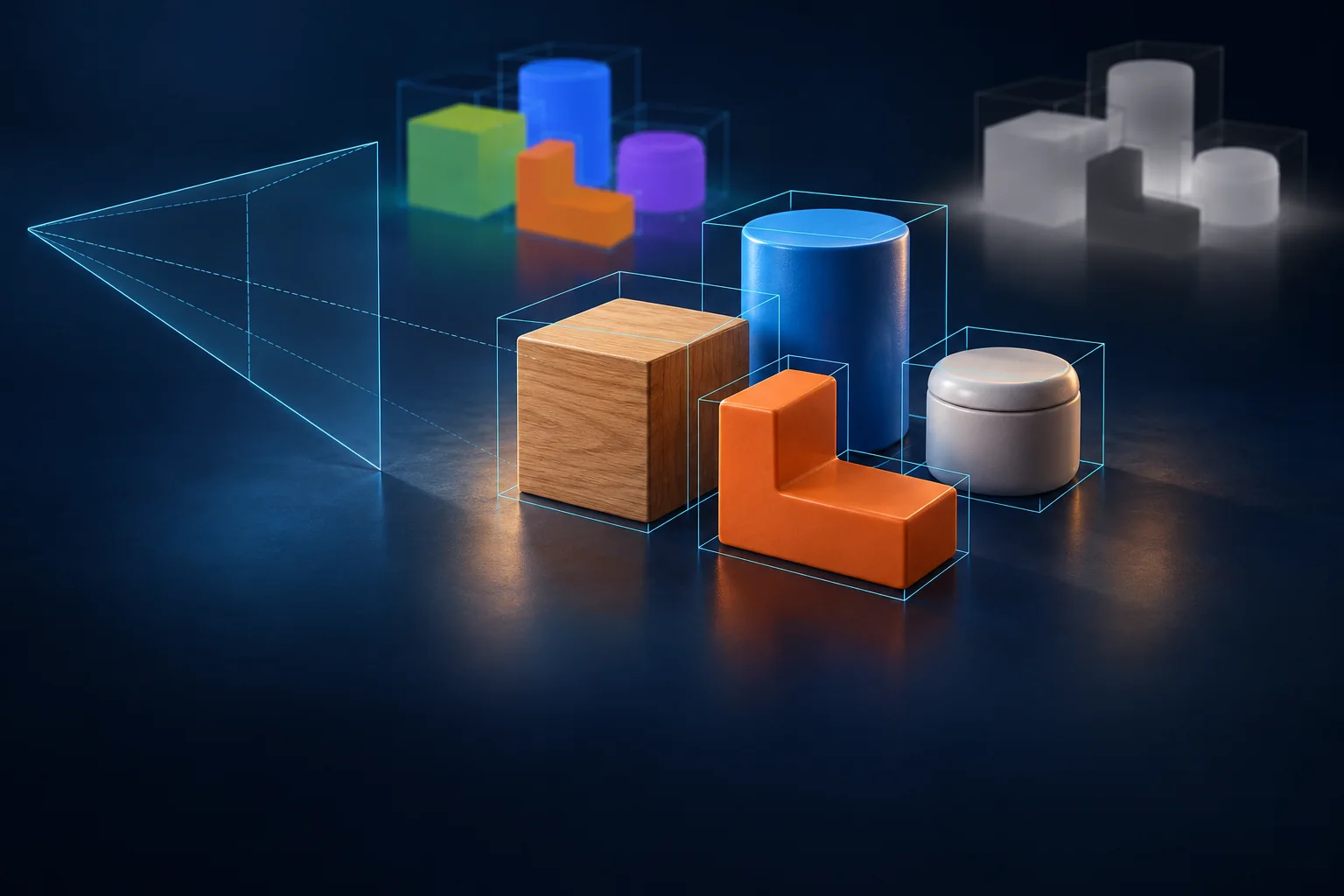 AI-generated virtual objects with a camera frustum, bounding boxes and conceptual segmentation and depth views.